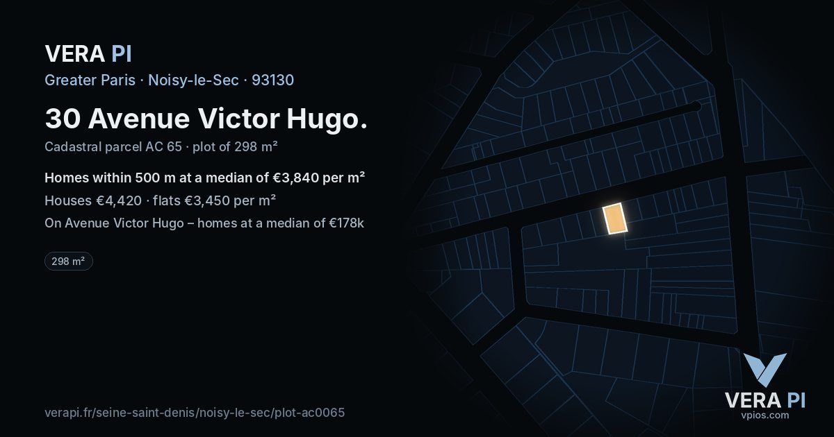 30 Avenue Victor Hugo, Noisy-le-Sec at night – the plot lit, the parcels around coloured by the prices near them