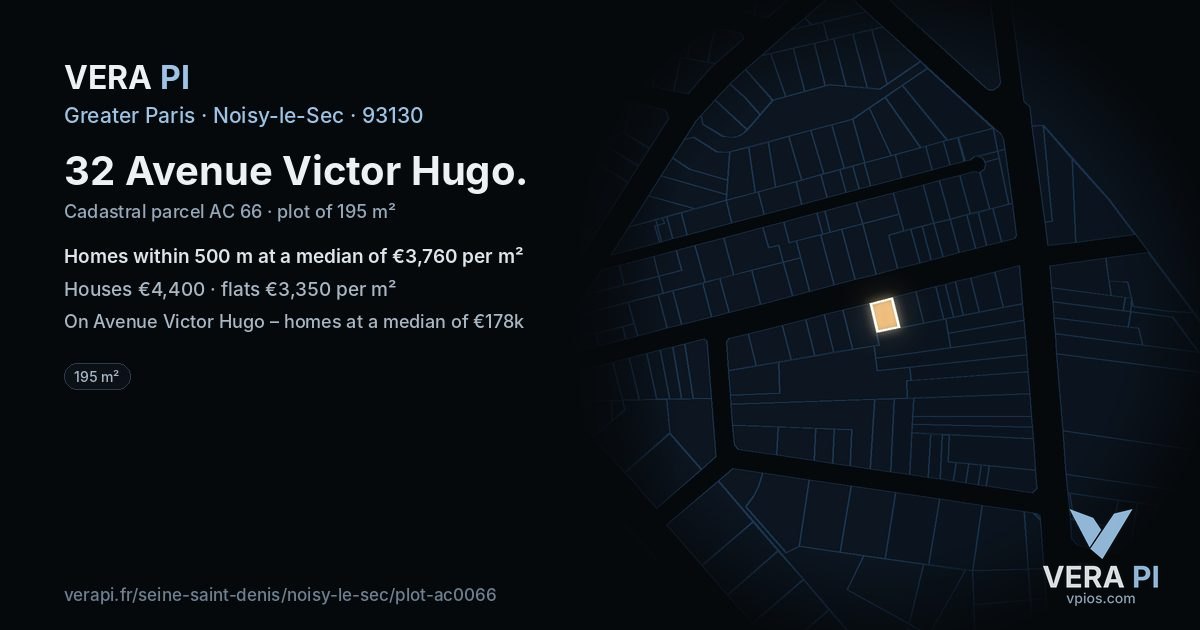 32 Avenue Victor Hugo, Noisy-le-Sec at night – the plot lit, the parcels around coloured by the prices near them