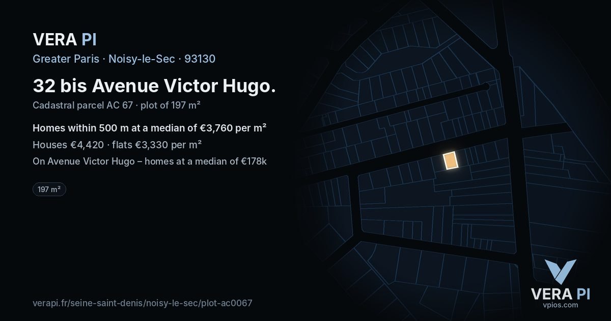 32 bis Avenue Victor Hugo, Noisy-le-Sec at night – the plot lit, the parcels around coloured by the prices near them