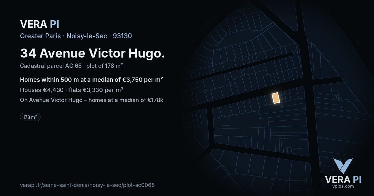 34 Avenue Victor Hugo, Noisy-le-Sec at night – the plot lit, the parcels around coloured by the prices near them