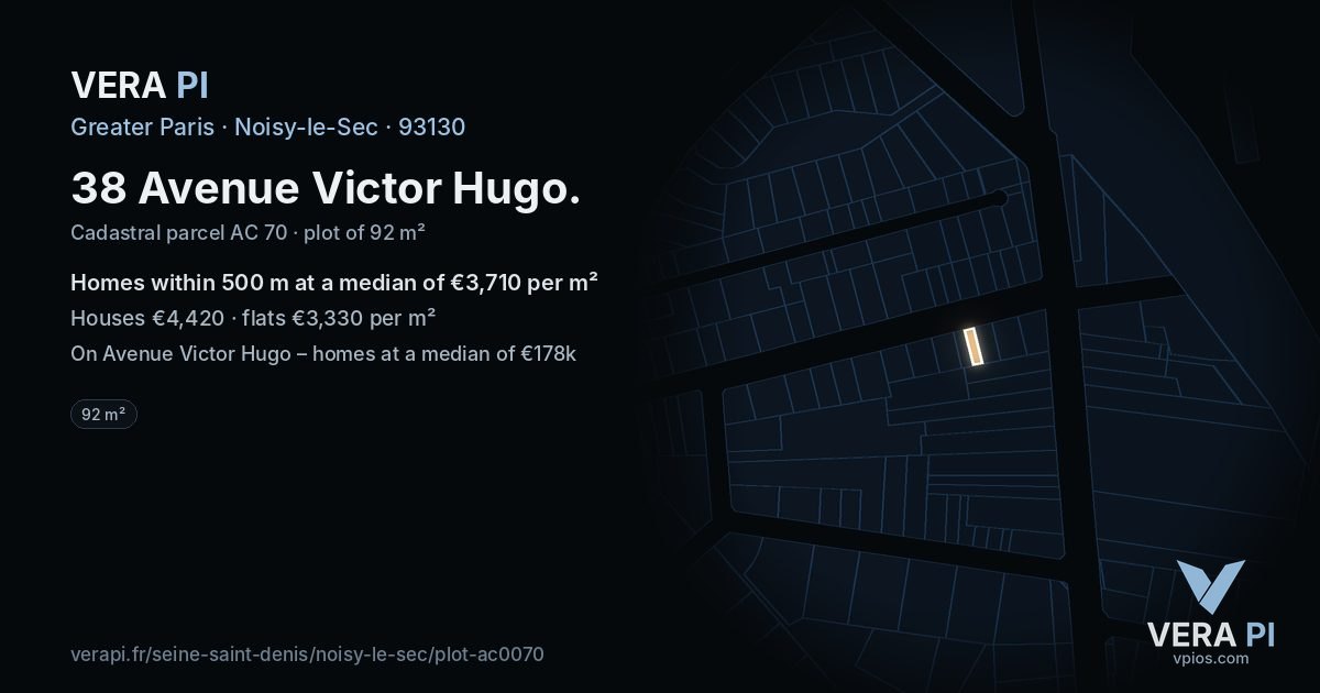 38 Avenue Victor Hugo, Noisy-le-Sec at night – the plot lit, the parcels around coloured by the prices near them