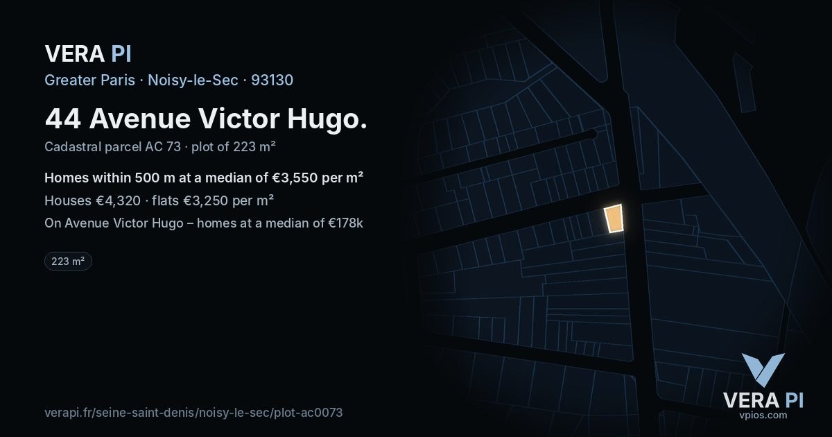 44 Avenue Victor Hugo, Noisy-le-Sec at night – the plot lit, the parcels around coloured by the prices near them