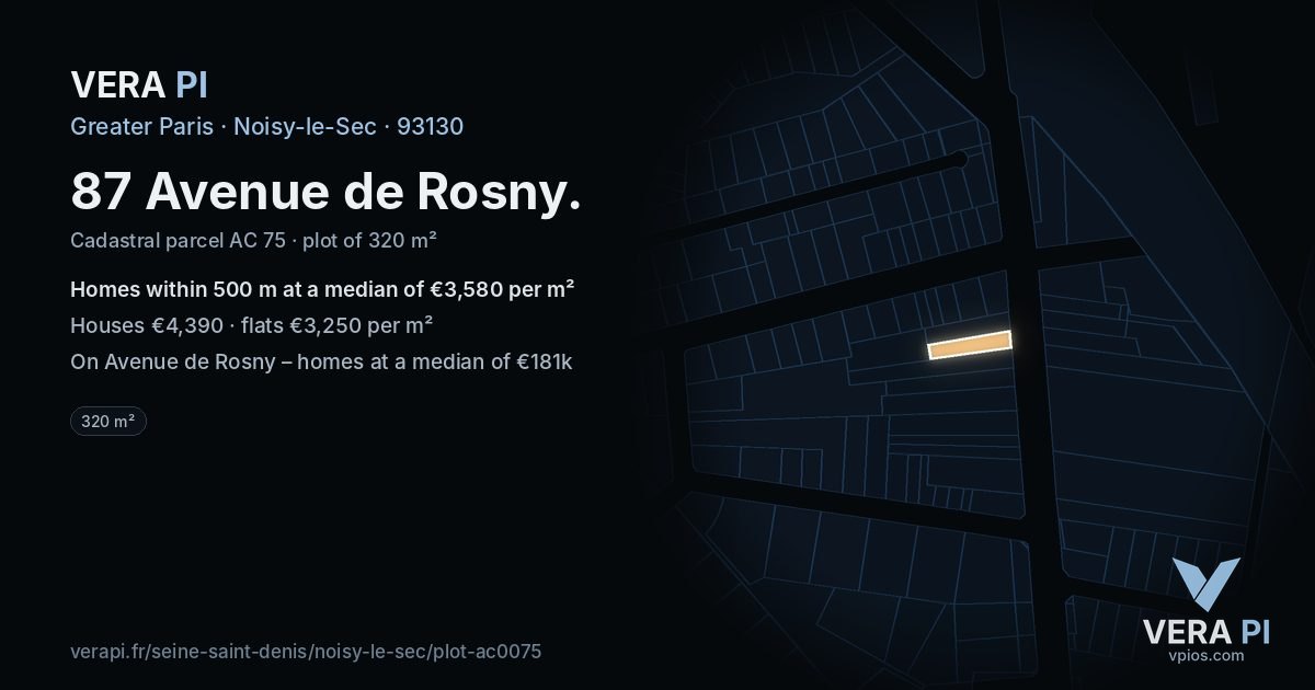 87 Avenue de Rosny, Noisy-le-Sec at night – the plot lit, the parcels around coloured by the prices near them