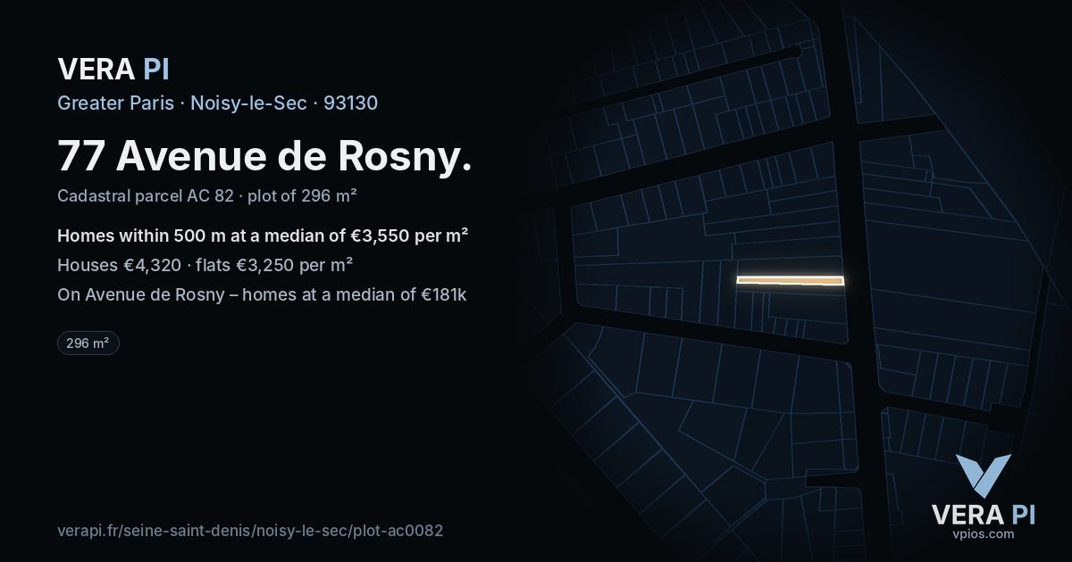 77 Avenue de Rosny, Noisy-le-Sec at night – the plot lit, the parcels around coloured by the prices near them