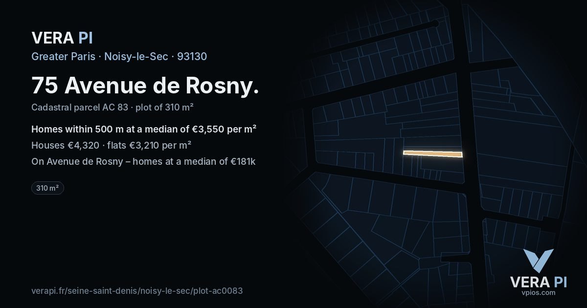 75 Avenue de Rosny, Noisy-le-Sec at night – the plot lit, the parcels around coloured by the prices near them
