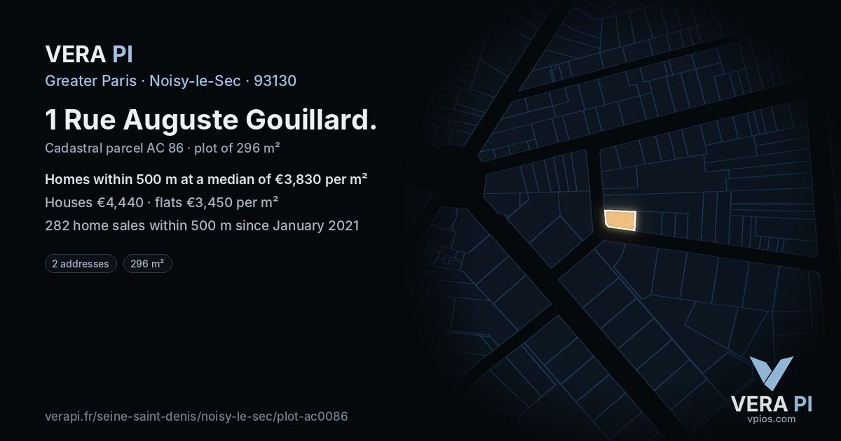1 Rue Auguste Gouillard, Noisy-le-Sec at night – the plot lit, the parcels around coloured by the prices near them
