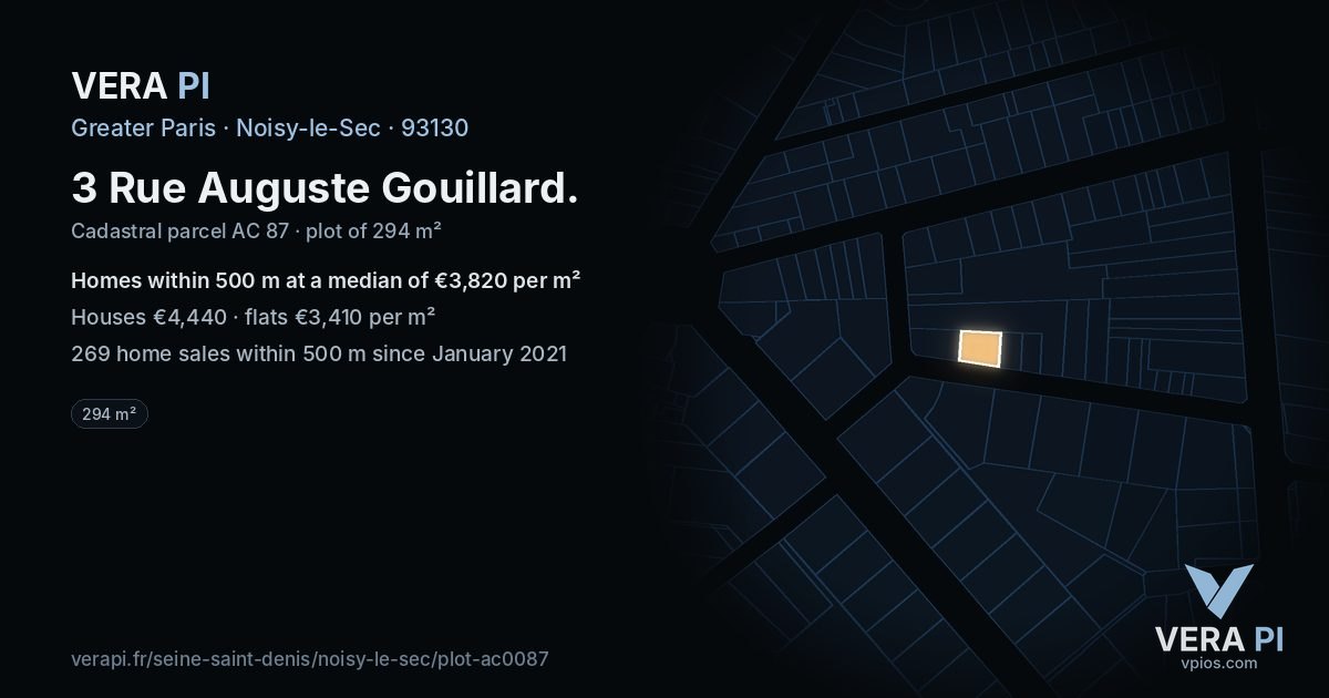 3 Rue Auguste Gouillard, Noisy-le-Sec at night – the plot lit, the parcels around coloured by the prices near them