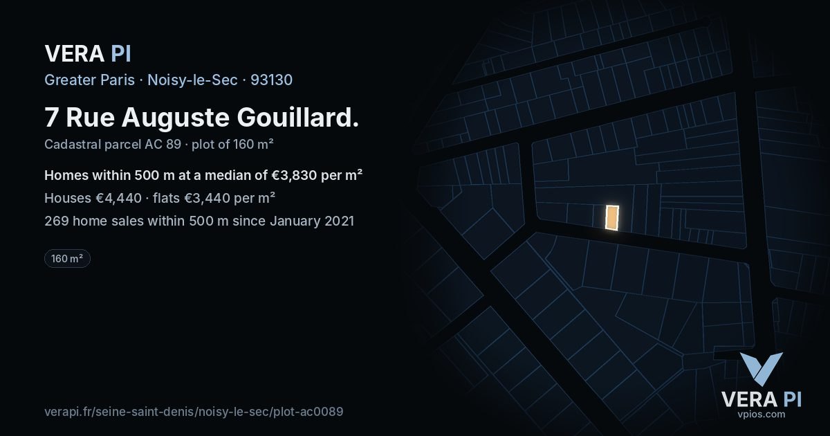 7 Rue Auguste Gouillard, Noisy-le-Sec at night – the plot lit, the parcels around coloured by the prices near them