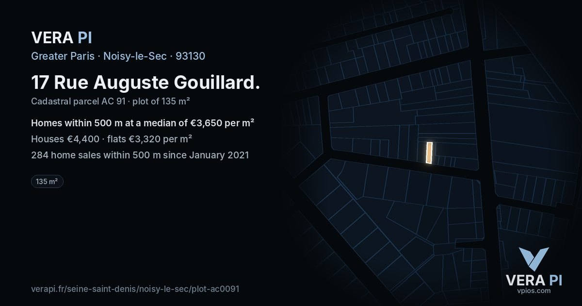 17 Rue Auguste Gouillard, Noisy-le-Sec at night – the plot lit, the parcels around coloured by the prices near them