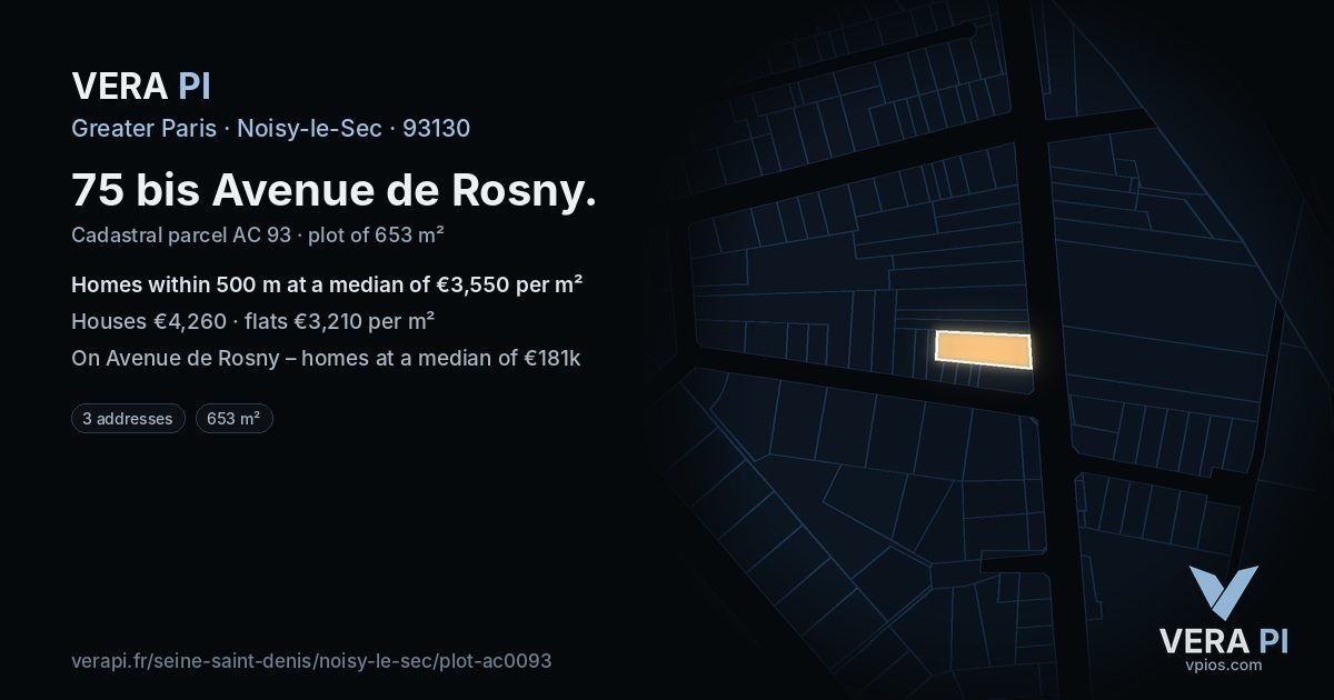 75 bis Avenue de Rosny, Noisy-le-Sec at night – the plot lit, the parcels around coloured by the prices near them