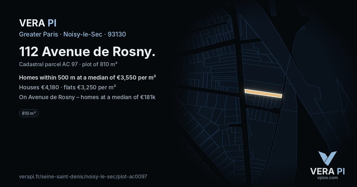 112 Avenue de Rosny, Noisy-le-Sec at night – the plot lit, the parcels around coloured by the prices near them