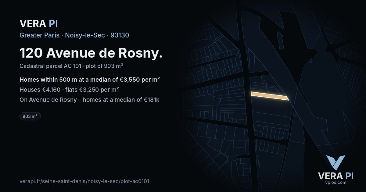 120 Avenue de Rosny, Noisy-le-Sec at night – the plot lit, the parcels around coloured by the prices near them