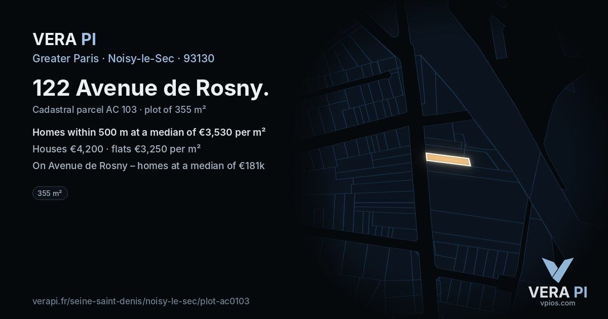 122 Avenue de Rosny, Noisy-le-Sec at night – the plot lit, the parcels around coloured by the prices near them