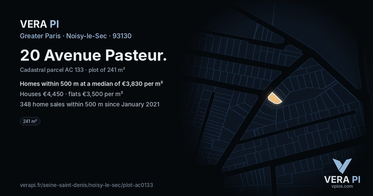 20 Avenue Pasteur, Noisy-le-Sec at night – the plot lit, the parcels around coloured by the prices near them