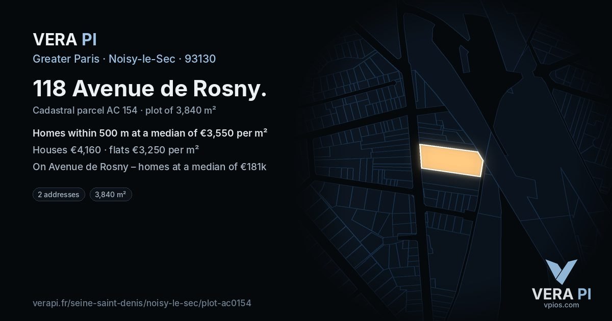 118 Avenue de Rosny, Noisy-le-Sec at night – the plot lit, the parcels around coloured by the prices near them