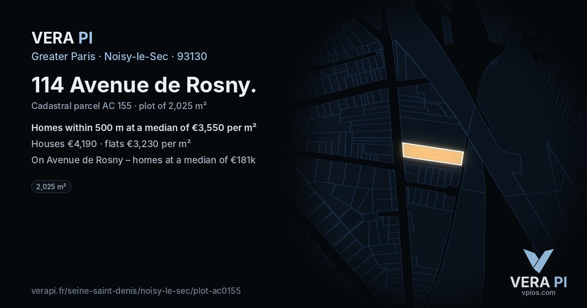 114 Avenue de Rosny, Noisy-le-Sec at night – the plot lit, the parcels around coloured by the prices near them