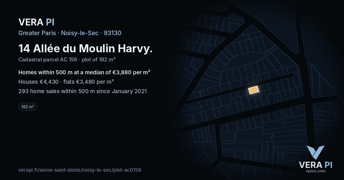 14 Allée du Moulin Harvy, Noisy-le-Sec at night – the plot lit, the parcels around coloured by the prices near them