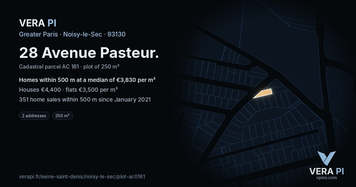 28 Avenue Pasteur, Noisy-le-Sec at night – the plot lit, the parcels around coloured by the prices near them