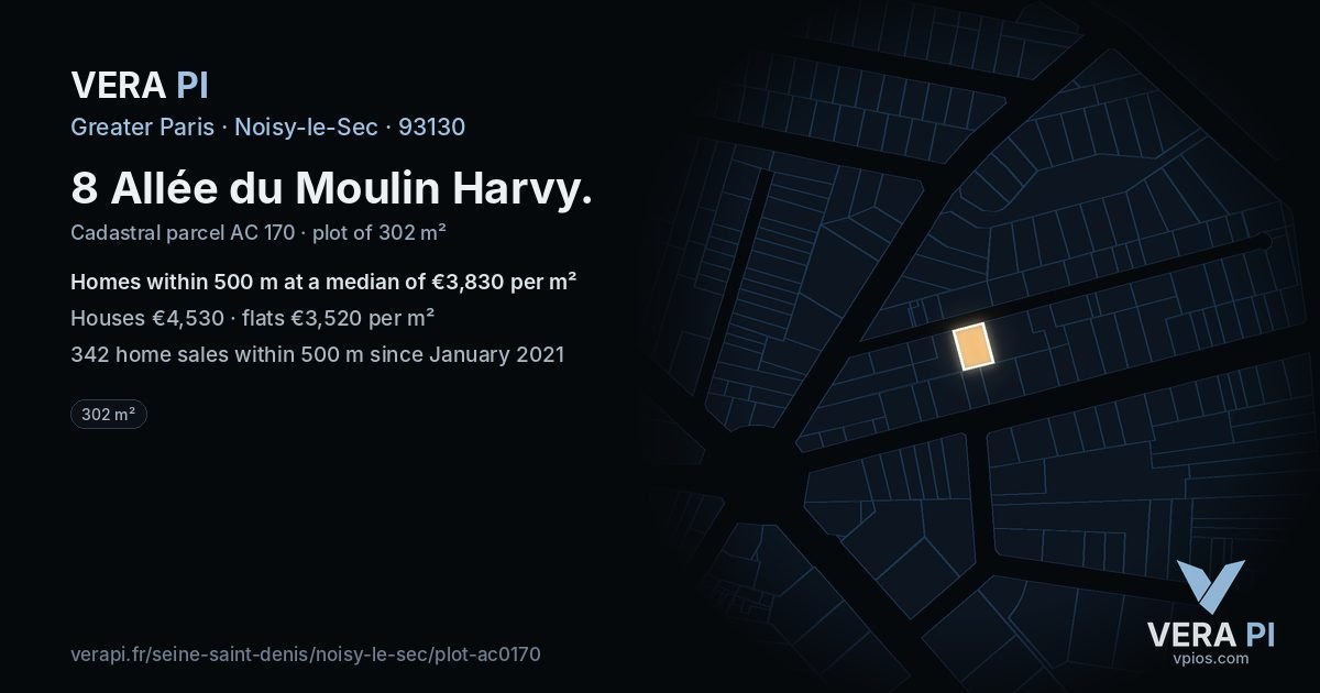 8 Allée du Moulin Harvy, Noisy-le-Sec at night – the plot lit, the parcels around coloured by the prices near them