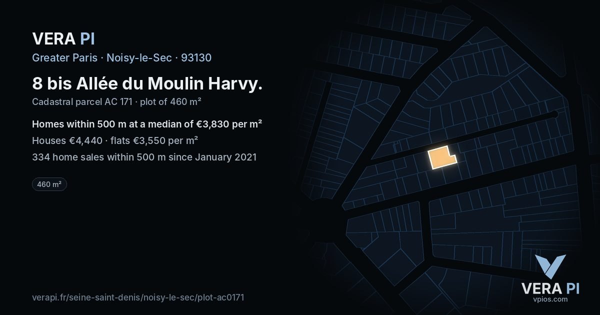 8 bis Allée du Moulin Harvy, Noisy-le-Sec at night – the plot lit, the parcels around coloured by the prices near them