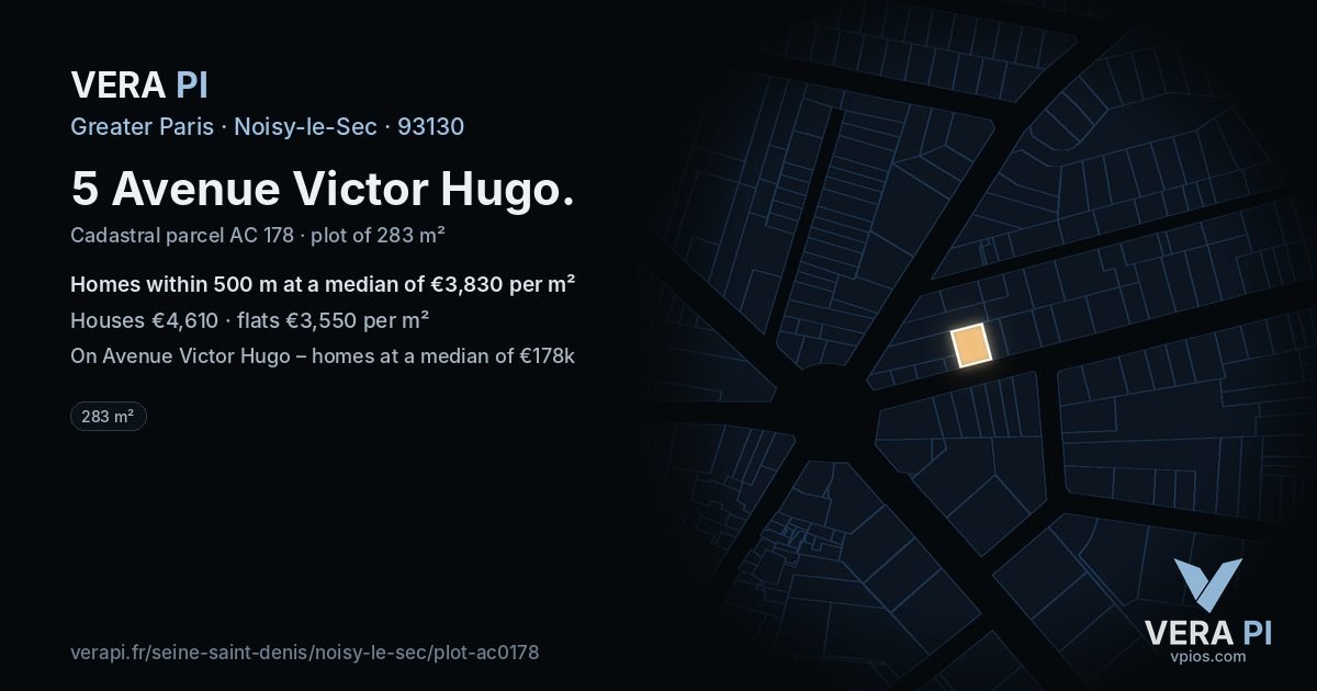 5 Avenue Victor Hugo, Noisy-le-Sec at night – the plot lit, the parcels around coloured by the prices near them