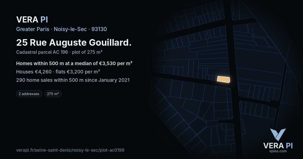 25 Rue Auguste Gouillard, Noisy-le-Sec at night – the plot lit, the parcels around coloured by the prices near them