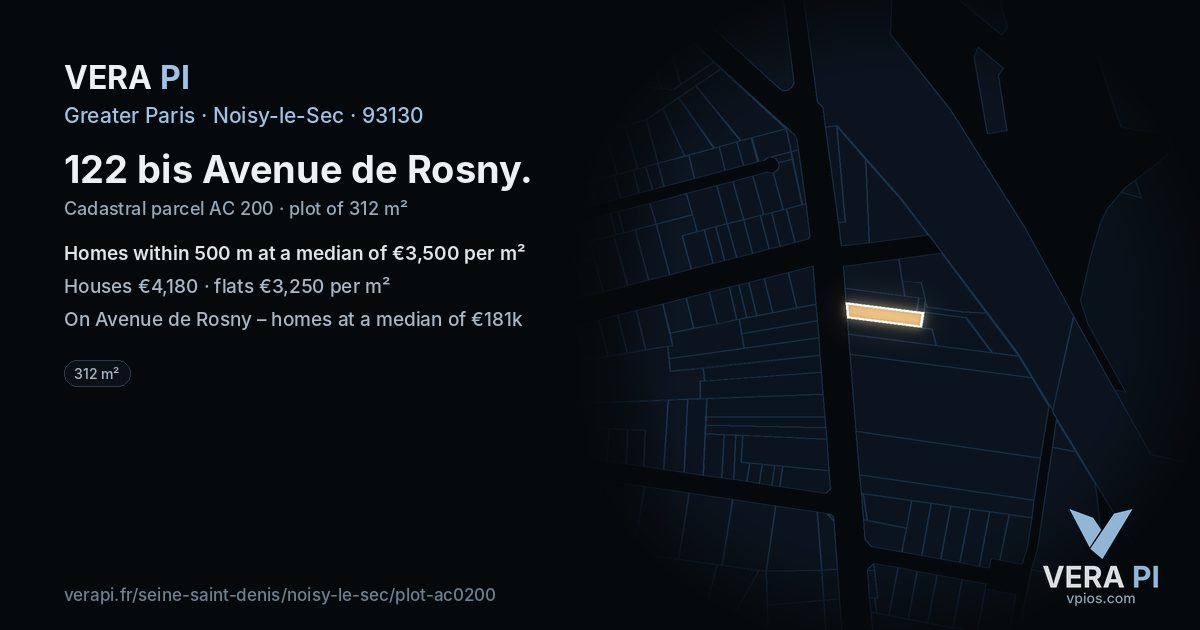 122 bis Avenue de Rosny, Noisy-le-Sec at night – the plot lit, the parcels around coloured by the prices near them