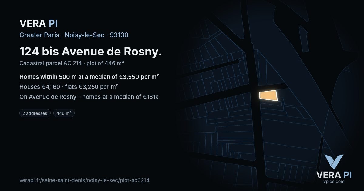 124 bis Avenue de Rosny, Noisy-le-Sec at night – the plot lit, the parcels around coloured by the prices near them