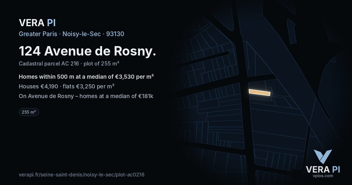 124 Avenue de Rosny, Noisy-le-Sec at night – the plot lit, the parcels around coloured by the prices near them