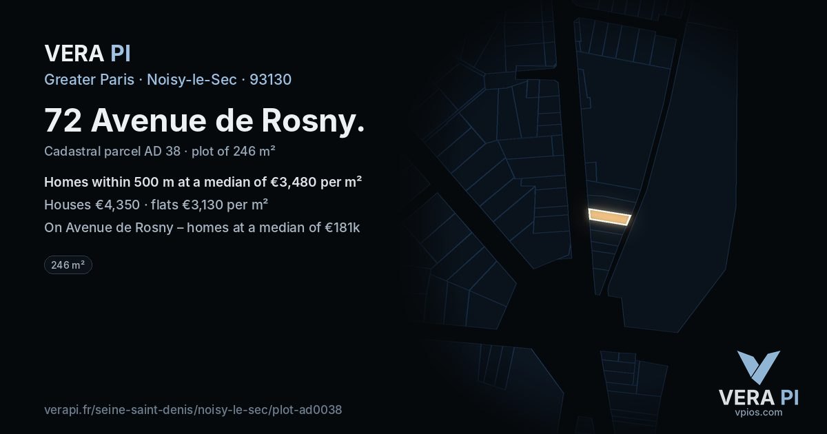 72 Avenue de Rosny, Noisy-le-Sec at night – the plot lit, the parcels around coloured by the prices near them
