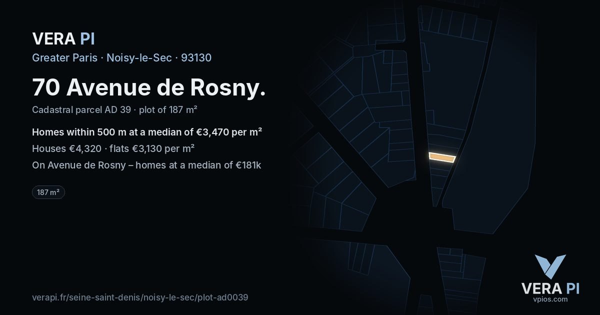 70 Avenue de Rosny, Noisy-le-Sec at night – the plot lit, the parcels around coloured by the prices near them