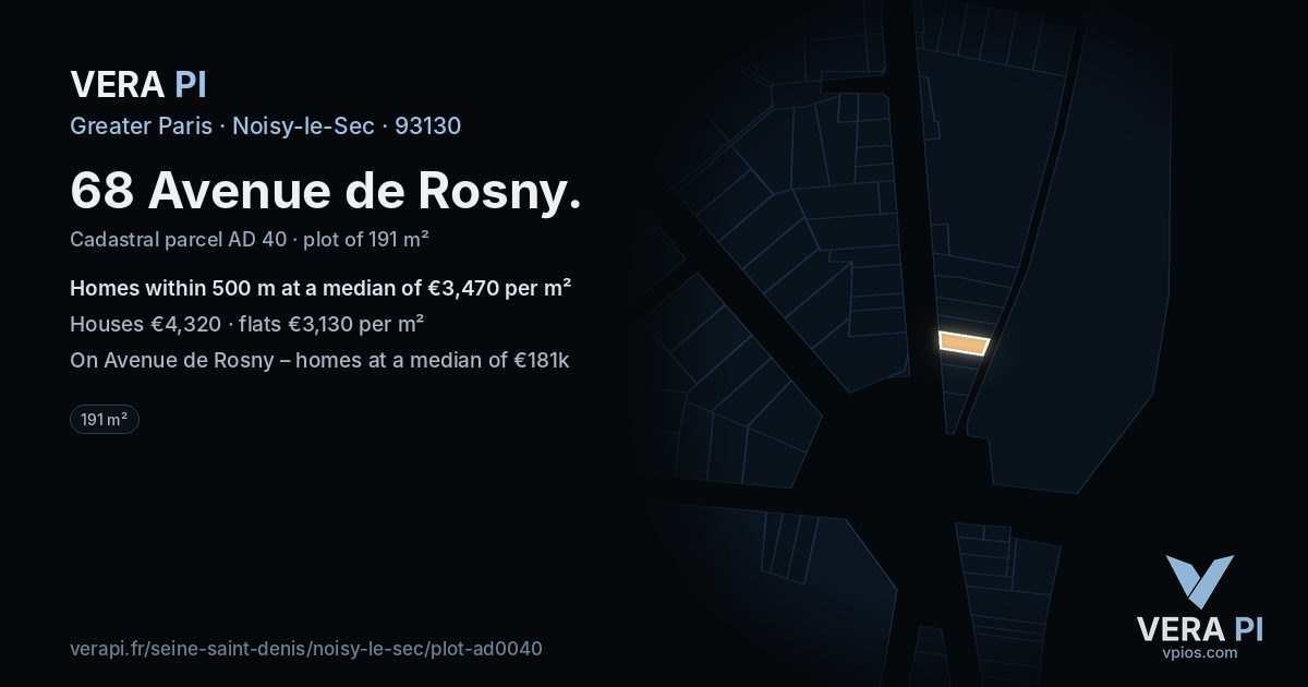 68 Avenue de Rosny, Noisy-le-Sec at night – the plot lit, the parcels around coloured by the prices near them