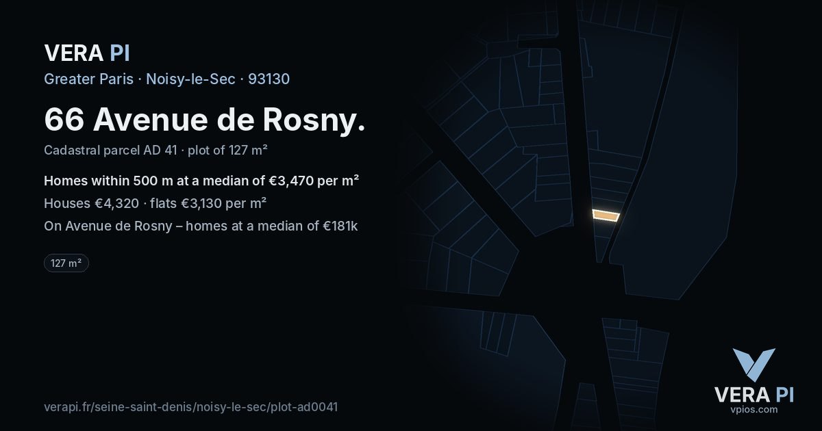 66 Avenue de Rosny, Noisy-le-Sec at night – the plot lit, the parcels around coloured by the prices near them