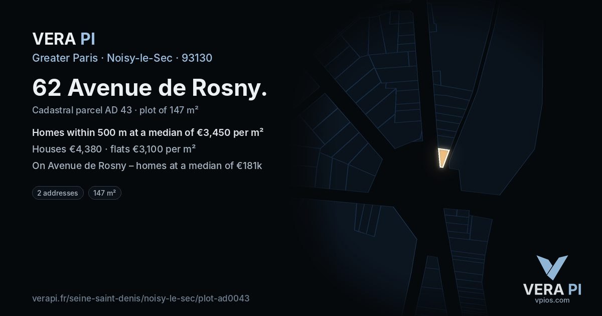 62 Avenue de Rosny, Noisy-le-Sec at night – the plot lit, the parcels around coloured by the prices near them
