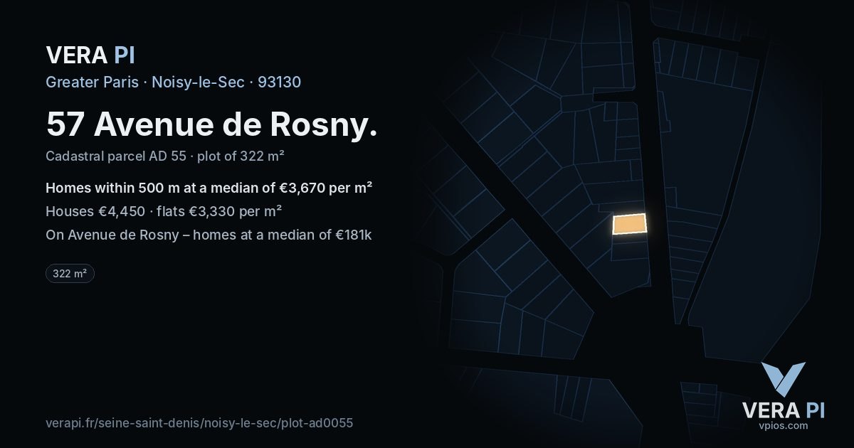 57 Avenue de Rosny, Noisy-le-Sec at night – the plot lit, the parcels around coloured by the prices near them