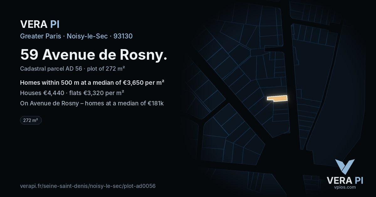 59 Avenue de Rosny, Noisy-le-Sec at night – the plot lit, the parcels around coloured by the prices near them