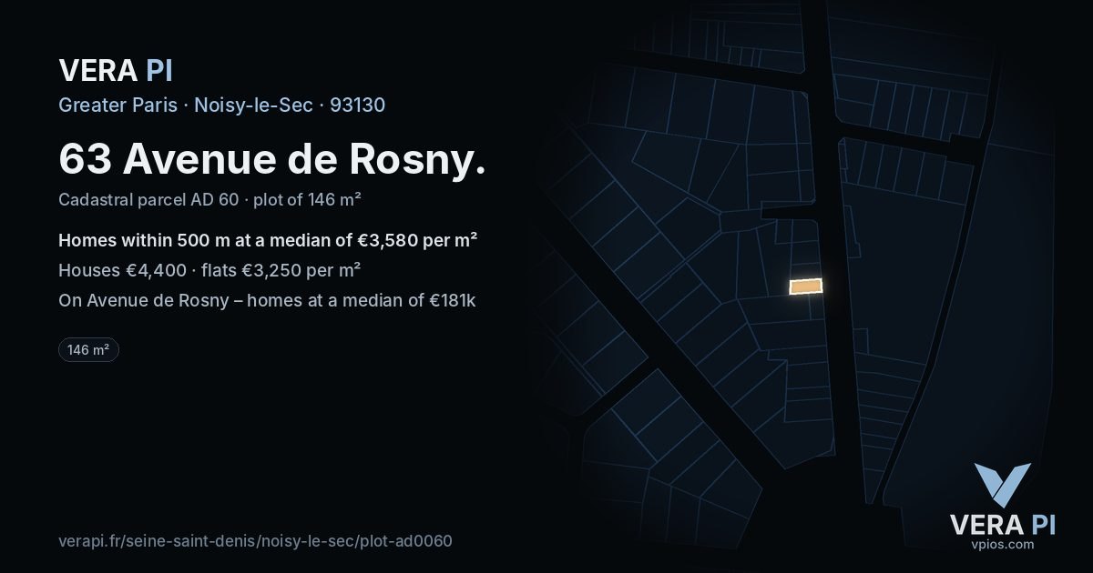 63 Avenue de Rosny, Noisy-le-Sec at night – the plot lit, the parcels around coloured by the prices near them