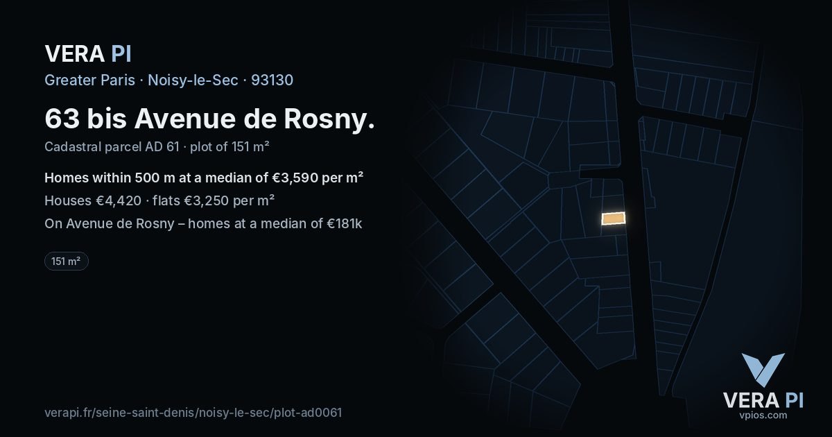 63 bis Avenue de Rosny, Noisy-le-Sec at night – the plot lit, the parcels around coloured by the prices near them