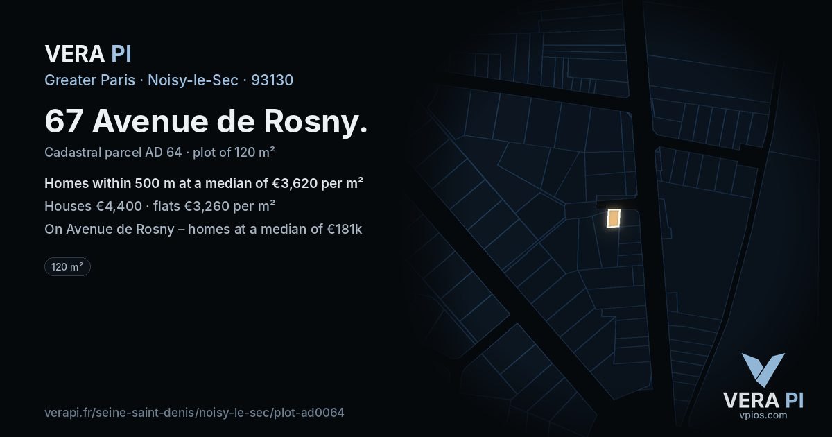 67 Avenue de Rosny, Noisy-le-Sec at night – the plot lit, the parcels around coloured by the prices near them