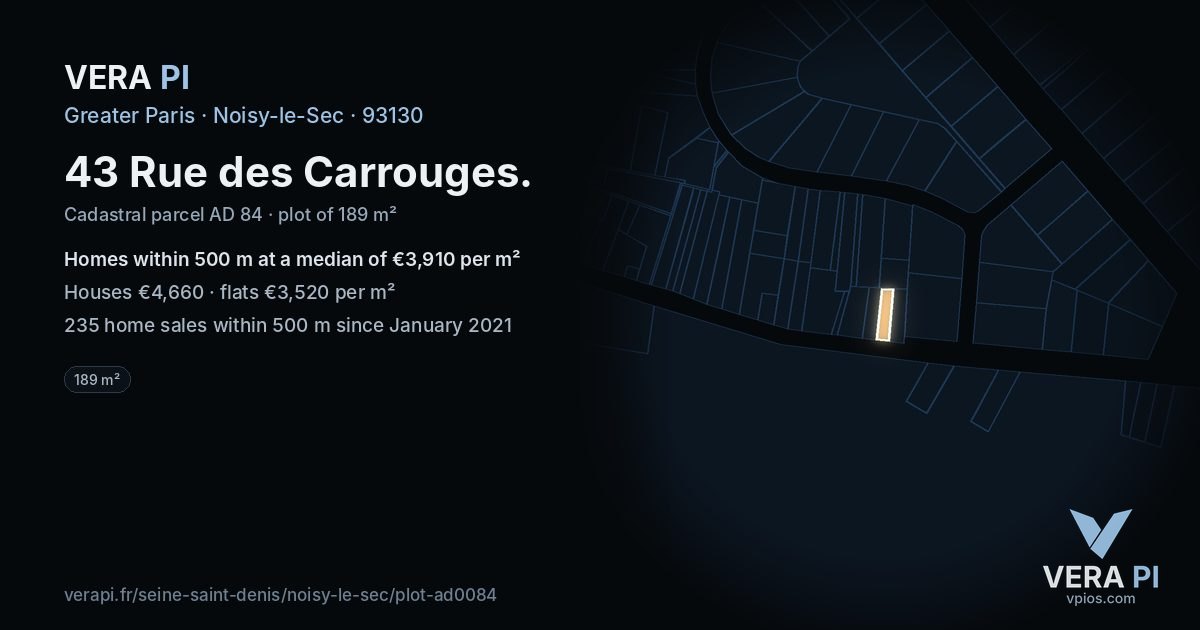 43 Rue des Carrouges, Noisy-le-Sec at night – the plot lit, the parcels around coloured by the prices near them