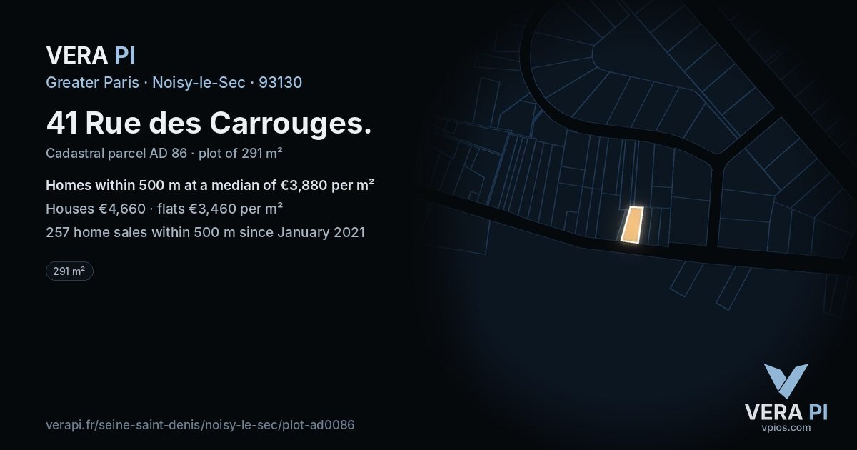 41 Rue des Carrouges, Noisy-le-Sec at night – the plot lit, the parcels around coloured by the prices near them