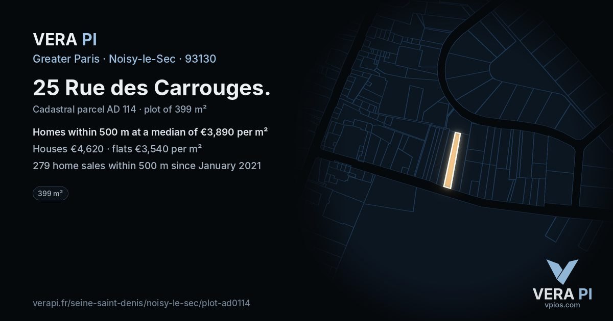 25 Rue des Carrouges, Noisy-le-Sec at night – the plot lit, the parcels around coloured by the prices near them