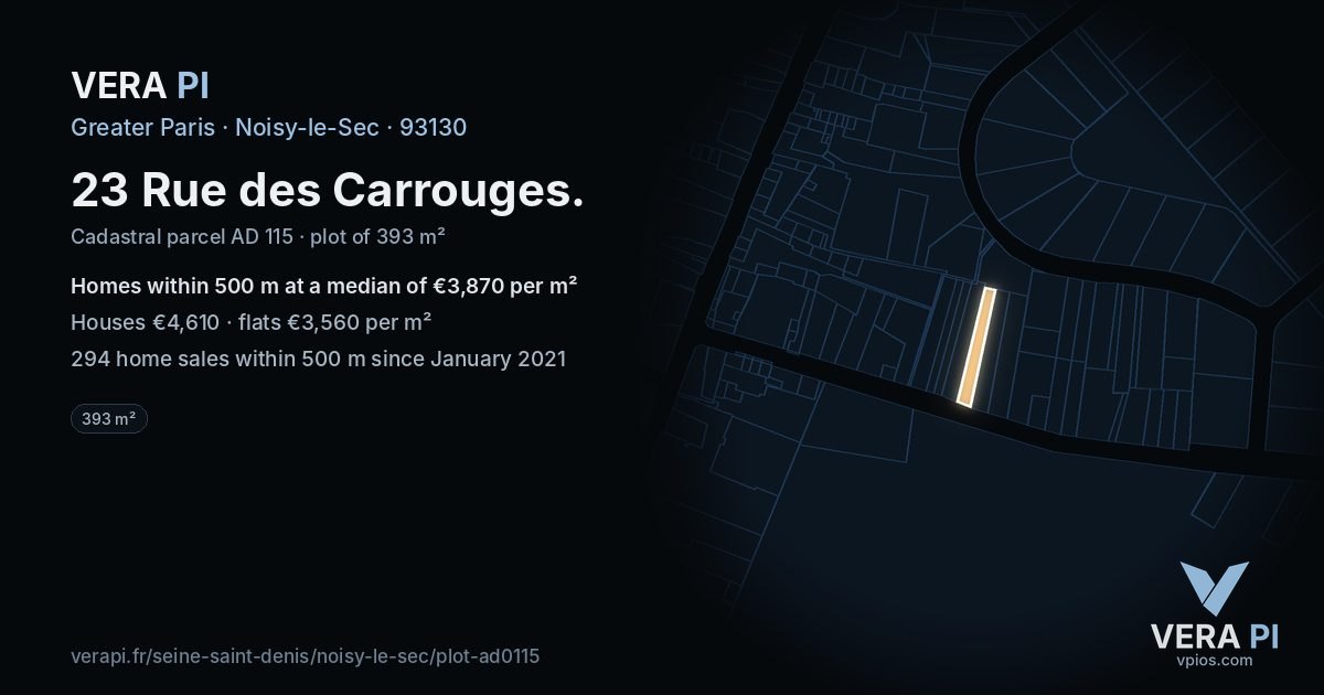 23 Rue des Carrouges, Noisy-le-Sec at night – the plot lit, the parcels around coloured by the prices near them