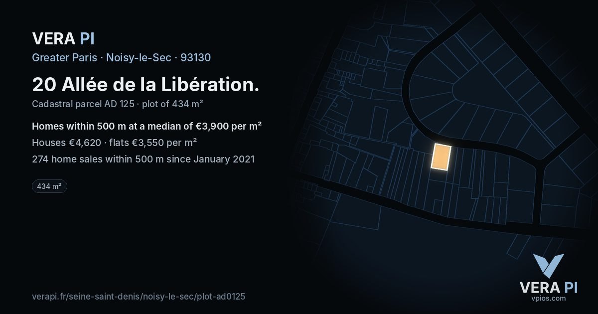 20 Allée de la Libération, Noisy-le-Sec at night – the plot lit, the parcels around coloured by the prices near them