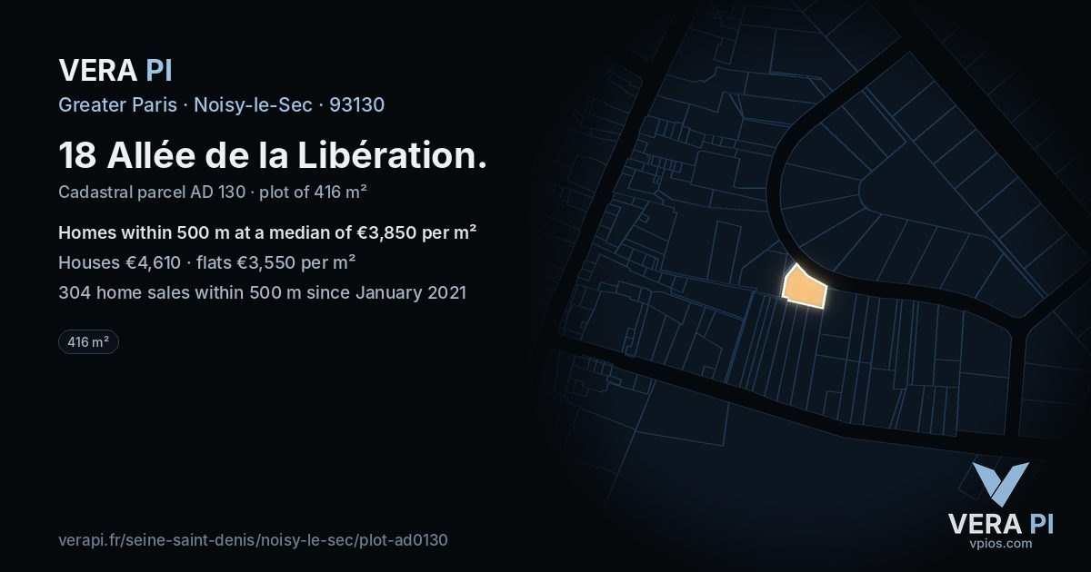 18 Allée de la Libération, Noisy-le-Sec at night – the plot lit, the parcels around coloured by the prices near them