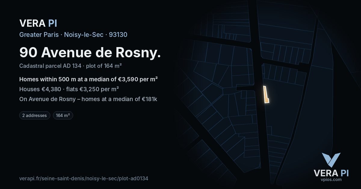 90 Avenue de Rosny, Noisy-le-Sec at night – the plot lit, the parcels around coloured by the prices near them