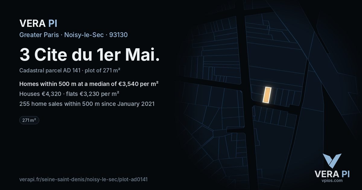 3 Cite du 1er Mai, Noisy-le-Sec at night – the plot lit, the parcels around coloured by the prices near them