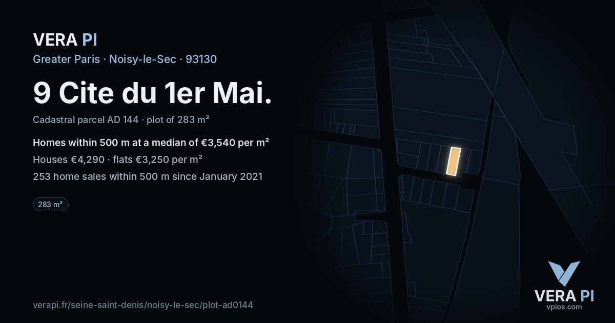 9 Cite du 1er Mai, Noisy-le-Sec at night – the plot lit, the parcels around coloured by the prices near them