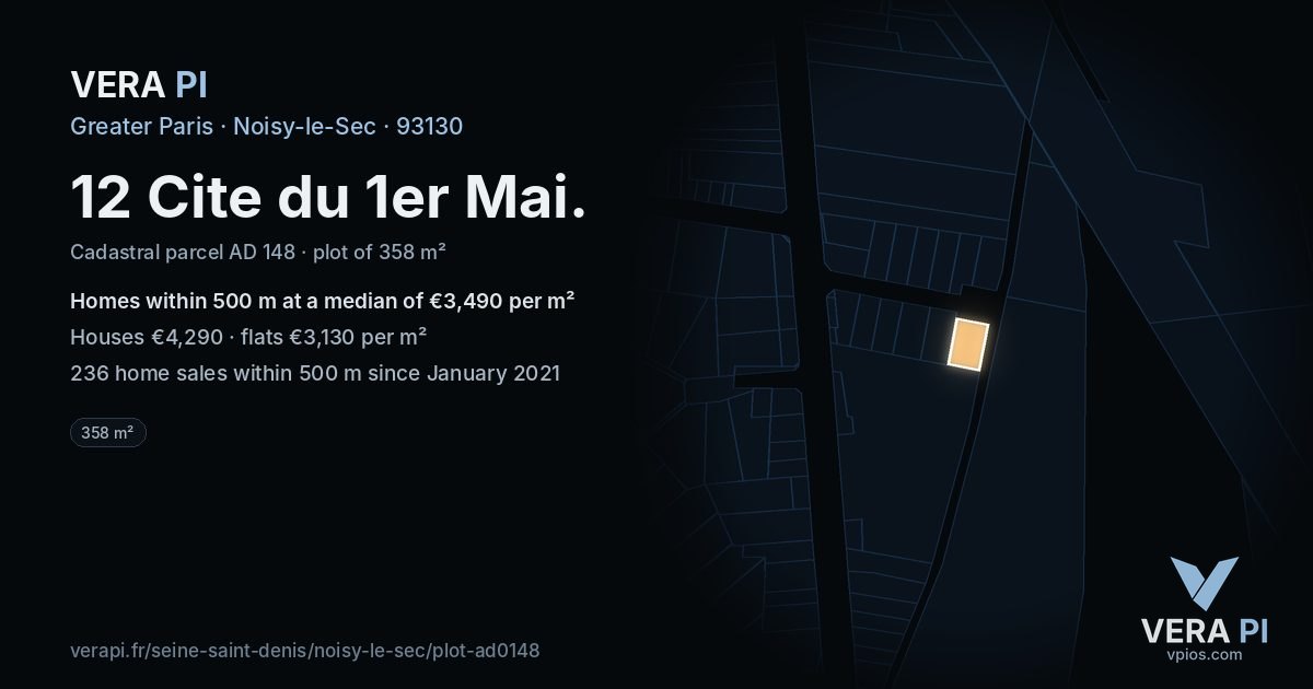 12 Cite du 1er Mai, Noisy-le-Sec at night – the plot lit, the parcels around coloured by the prices near them