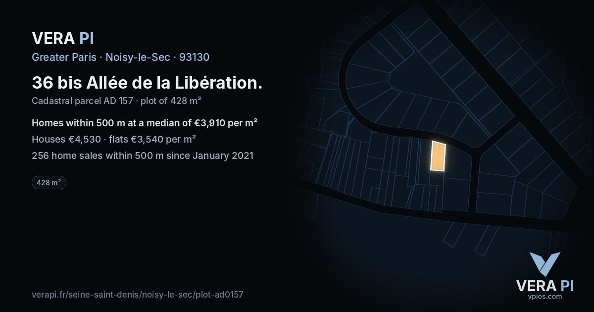 36 bis Allée de la Libération, Noisy-le-Sec at night – the plot lit, the parcels around coloured by the prices near them